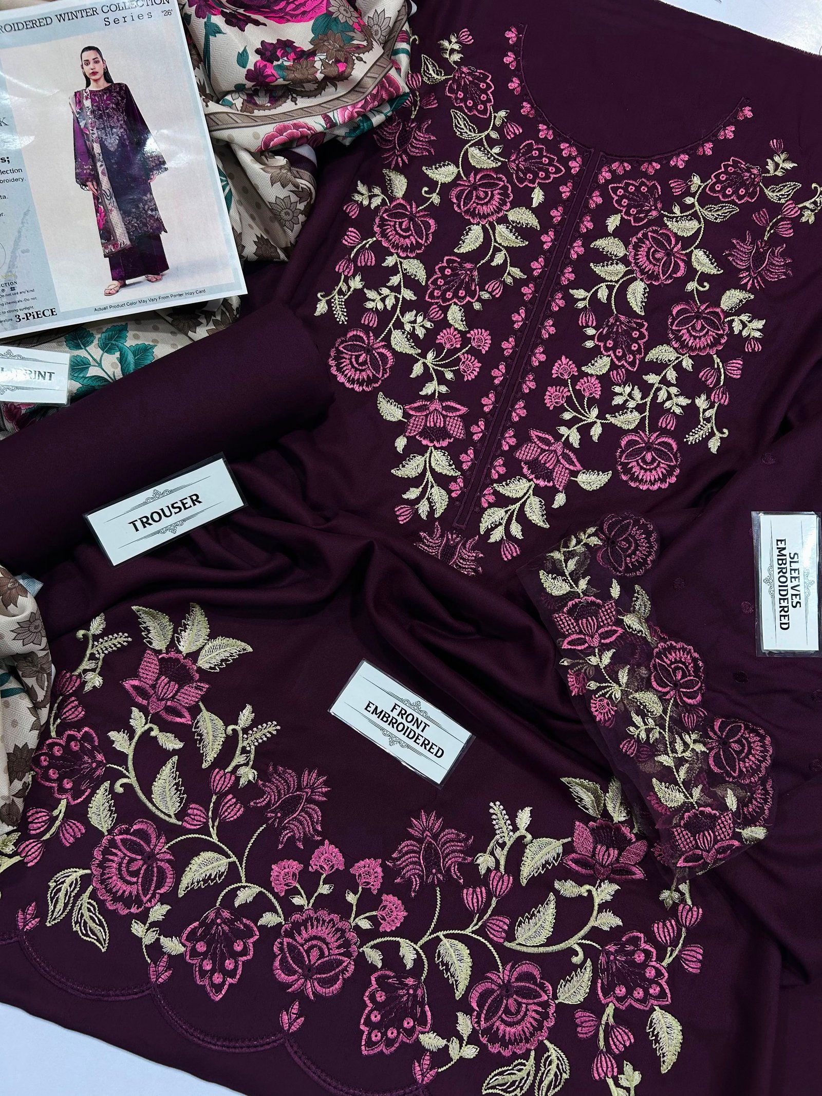 Beechtree Winter 2026 Heavy Embroidered Dhank 3 Piece Unstitched Suit with Wool Shawl - Image 5