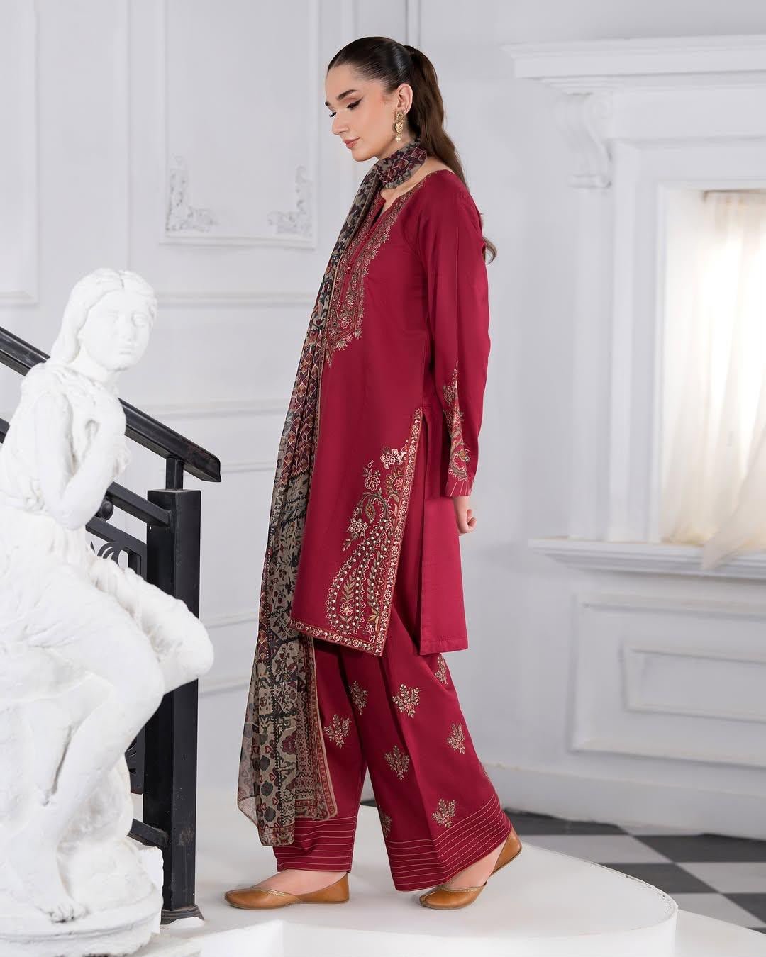 Batik Winter 2026 Heavy Embroidered Dhank 3 Piece Unstitched Suit with Wool Shawl - Image 3