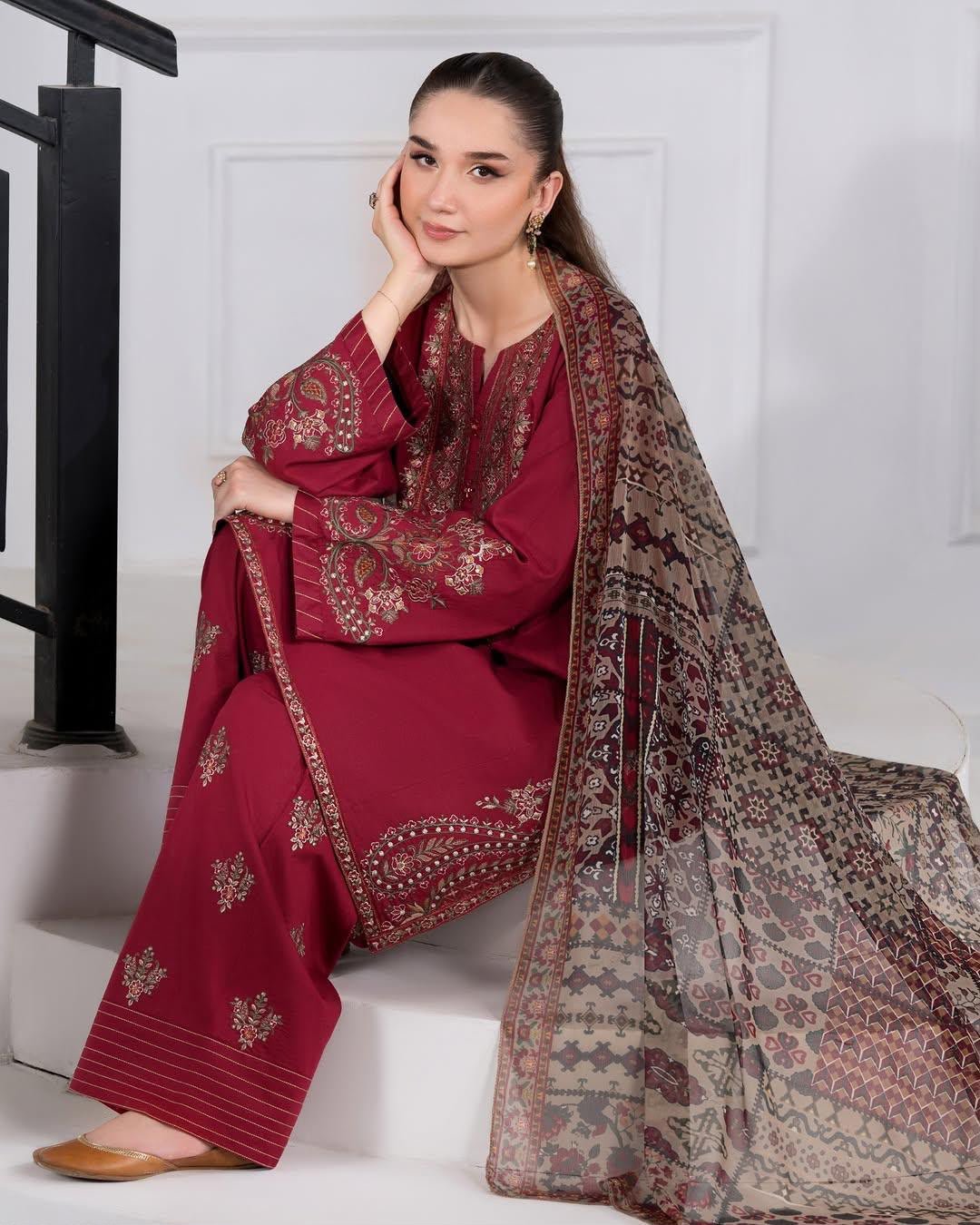 Batik Winter 2026 Heavy Embroidered Dhank 3 Piece Unstitched Suit with Wool Shawl