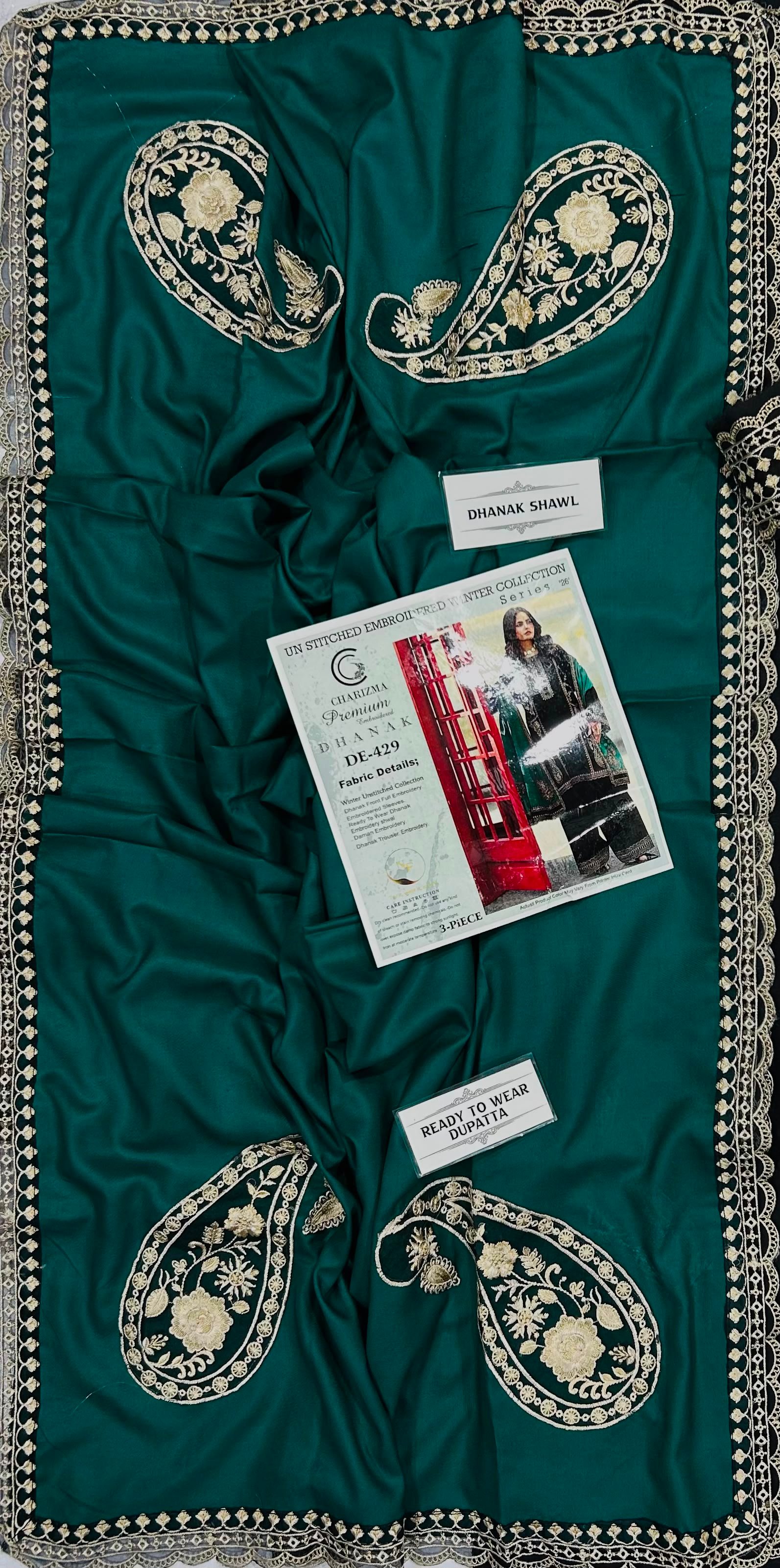 Charizma Winter 2026 Heavy Embroidered Dhank 3 Piece Suit with Ready-to-Wear Shawl - Image 6