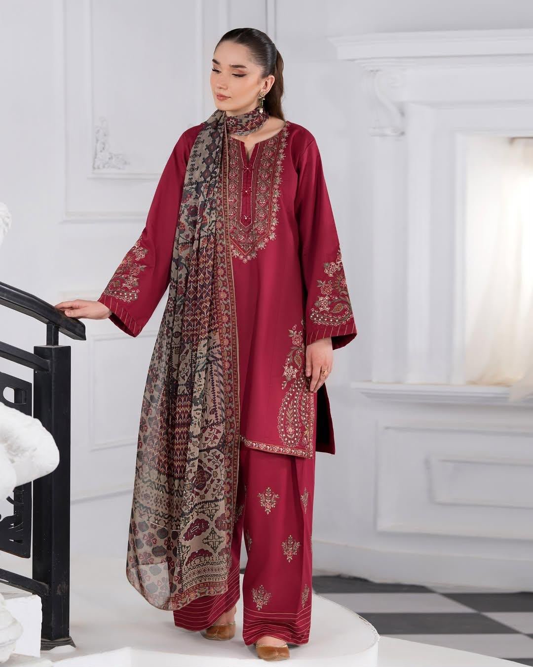 Batik Winter 2026 Heavy Embroidered Dhank 3 Piece Unstitched Suit with Wool Shawl - Image 4