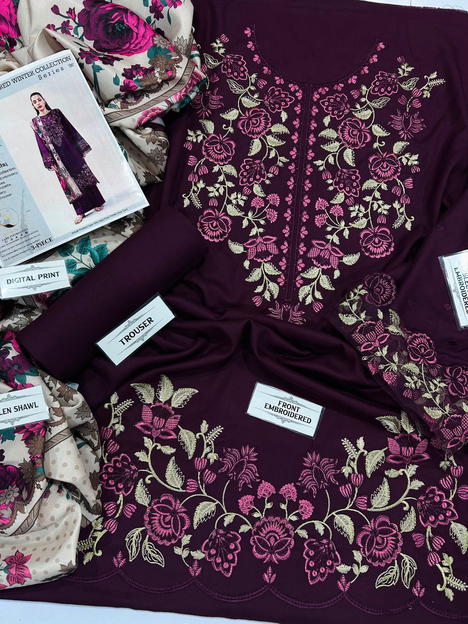 Beechtree Winter 2026 Heavy Embroidered Dhank 3 Piece Unstitched Suit with Wool Shawl - Image 7