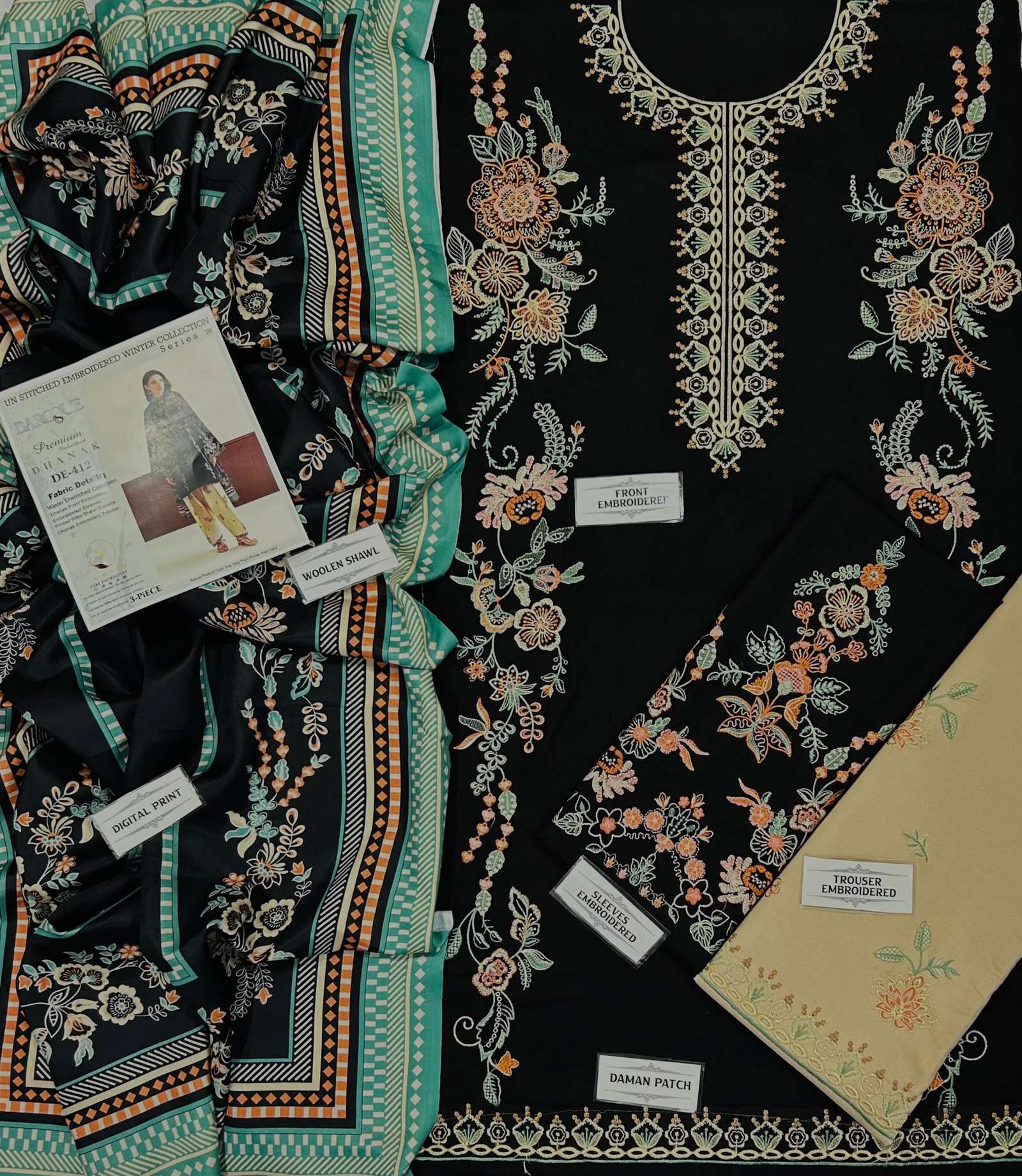 Baroque Winter 2026 Heavy Embroidered Dhank 3 Piece Unstitched Suit with Wool Shawl - Image 4
