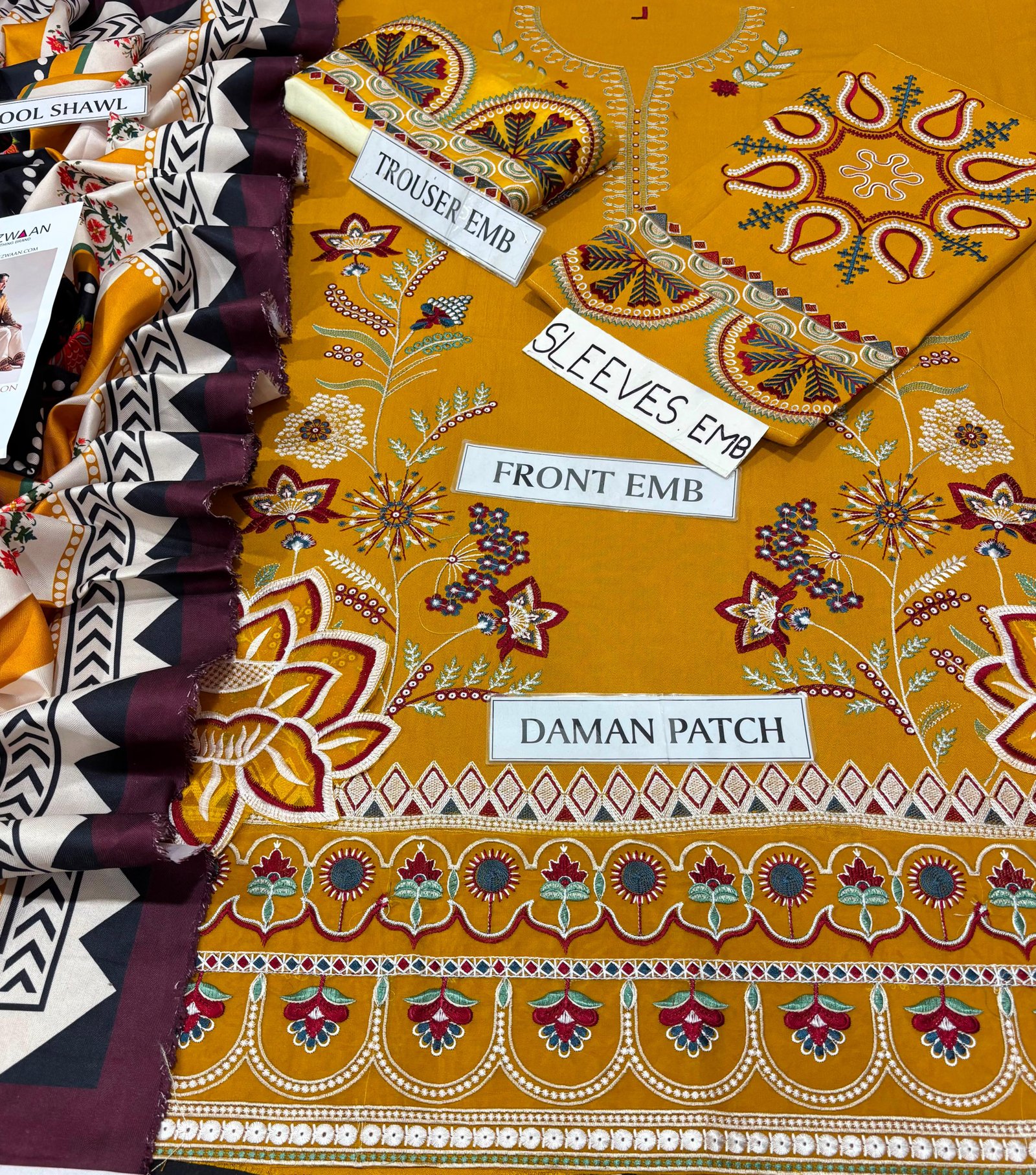 Ethnic Winter 2026 Embroidered Dhank 3 Piece Unstitched Suit with Wool Shawl - Image 2
