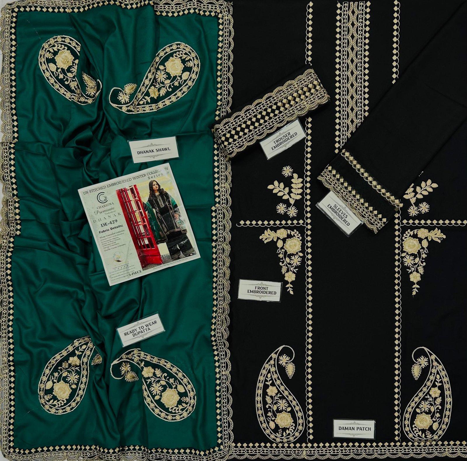 Charizma Winter 2026 Heavy Embroidered Dhank 3 Piece Suit with Ready-to-Wear Shawl - Image 4