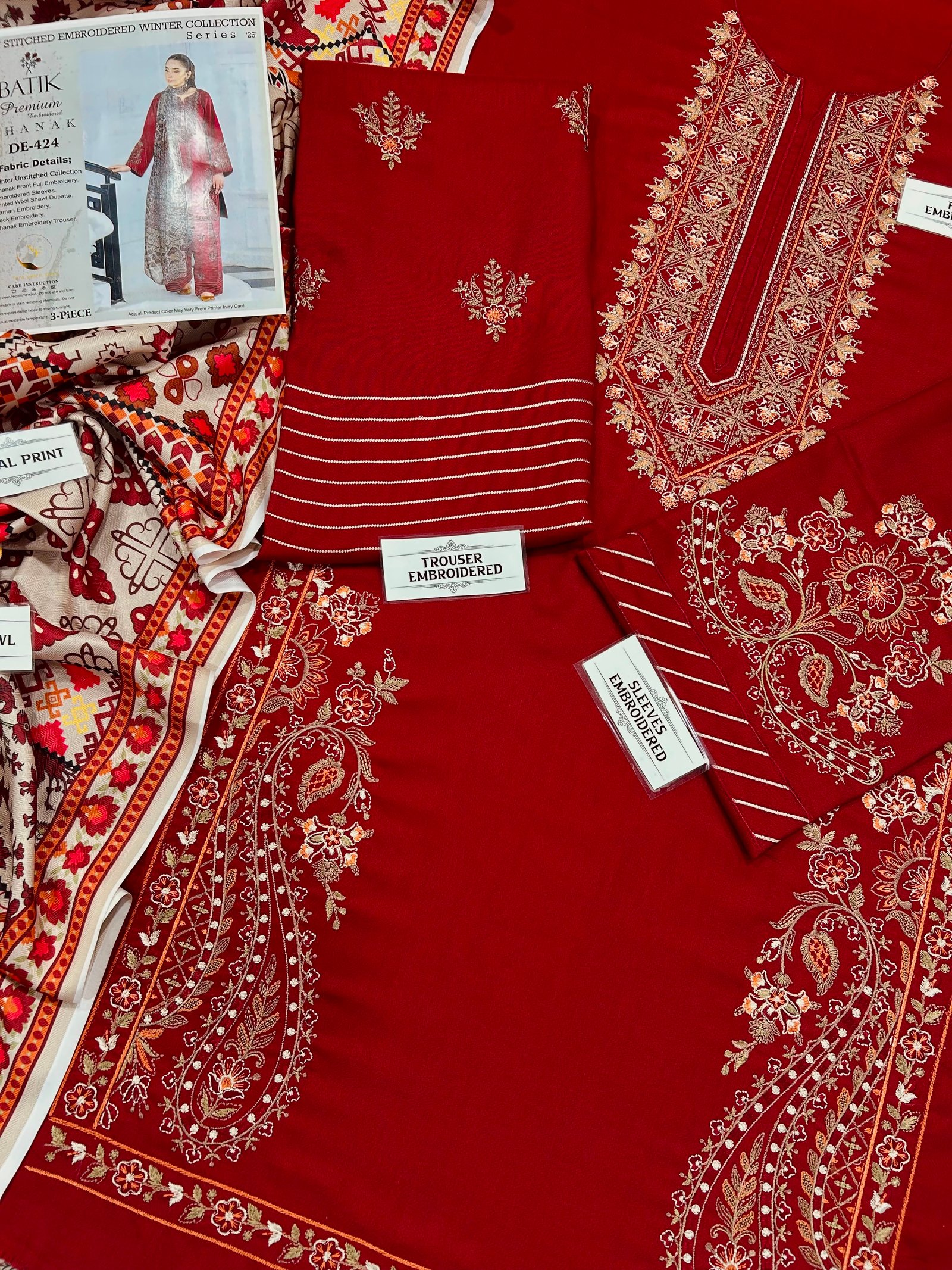 Batik Winter 2026 Heavy Embroidered Dhank 3 Piece Unstitched Suit with Wool Shawl - Image 6