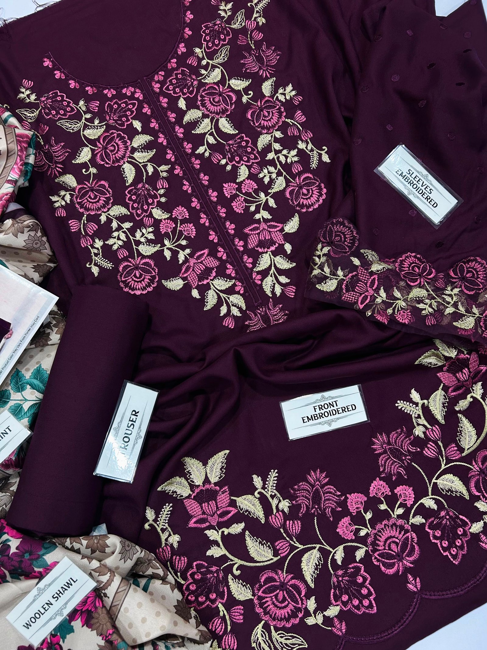 Beechtree Winter 2026 Heavy Embroidered Dhank 3 Piece Unstitched Suit with Wool Shawl - Image 4